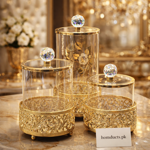 Luxury Gold Crystal Glass Storage Jar Set (3-Piece Elegant Organizer Set)