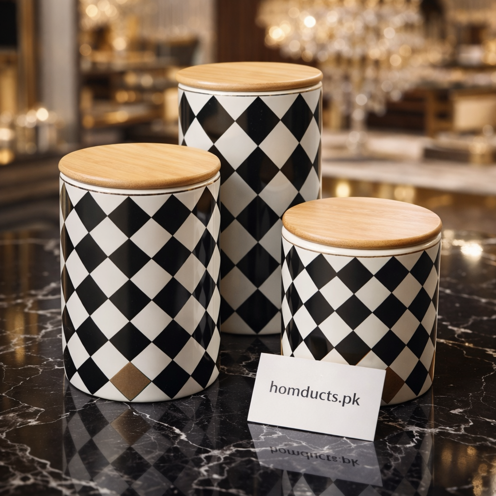 Luxury Black & White Diamond Ceramic Storage Jar with Bamboo Lid (Small / Medium / Large)
