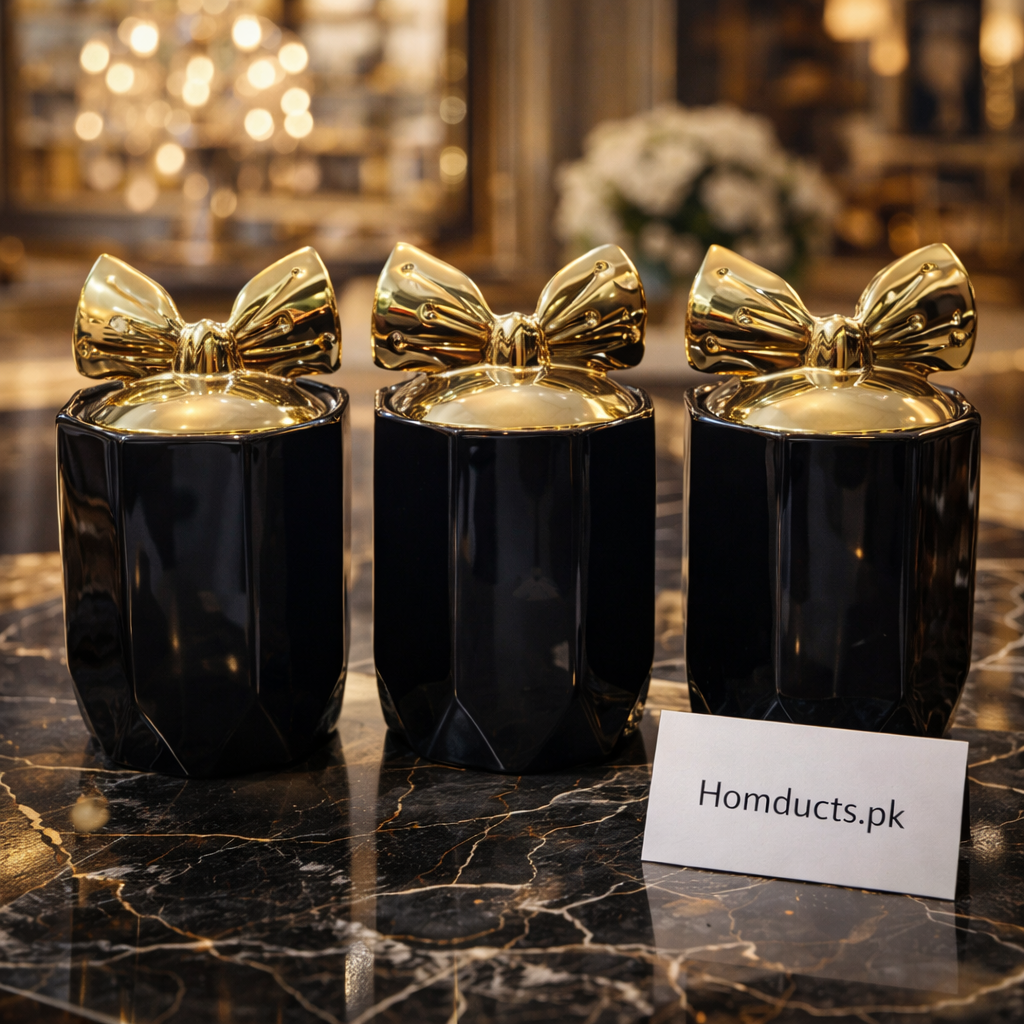 Luxury Black & Gold Bow Ceramic Canister Set (3-Piece Coffee, Tea & Sugar Jars)