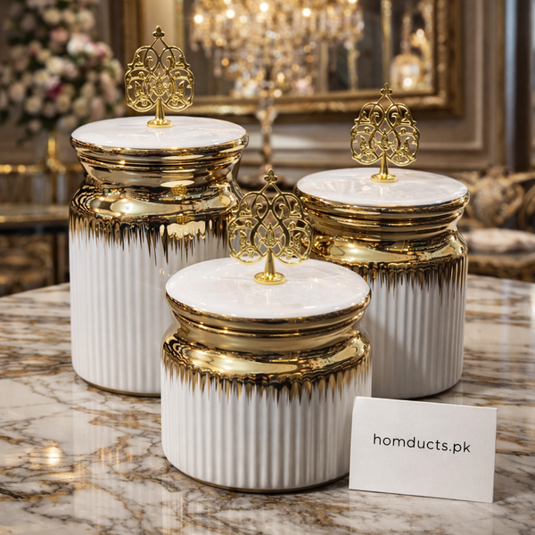 Luxury White & Gold Ceramic Storage Jar Set – Elegant Decorative Canisters (Set of 3)