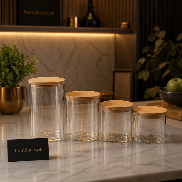 Premium Airtight Glass Storage Jar Set with Bamboo Lids – Kitchen Organizer Containers (4 Pcs)