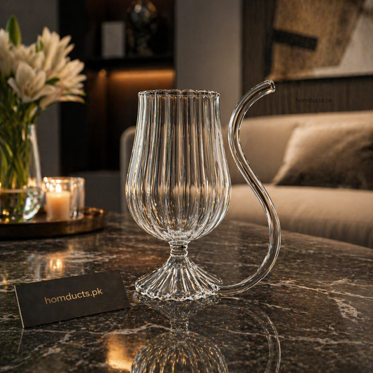 Premium Ribbed Glass Goblet with Elegant Handle – Luxury Drinkware Cup