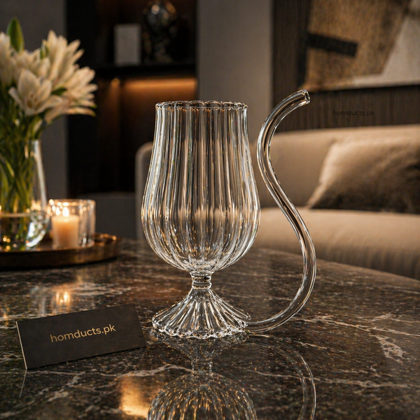 Premium Ribbed Glass Goblet with Elegant Handle – Luxury Drinkware Cup