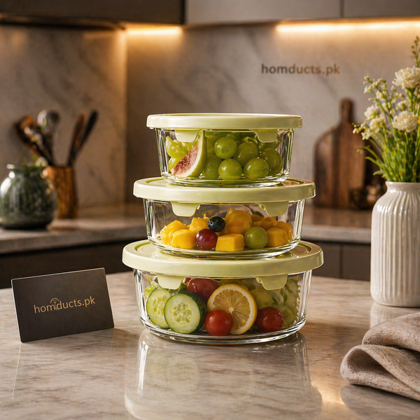 Luxury 3-Piece Airtight Glass Food Storage Container Set – Multi-Size Kitchen Organizer Bowls