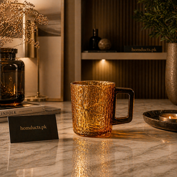 Amber Textured Glass Mug with Ergonomic Handle – Premium Aesthetic Coffee & Tea Cup