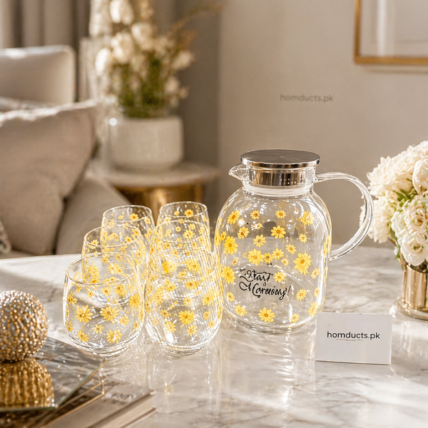 Luxury Daisy Glass Jug & Tumbler Set – 7 Pcs Premium Drinkware Set (1 Jug + 6 Glasses)