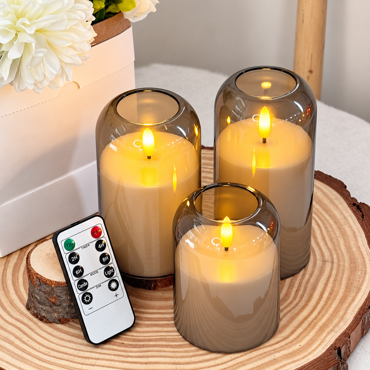 Luxury Flameless LED Candles with Smoky Glass Covers & Remote Control – 3 Pcs Set