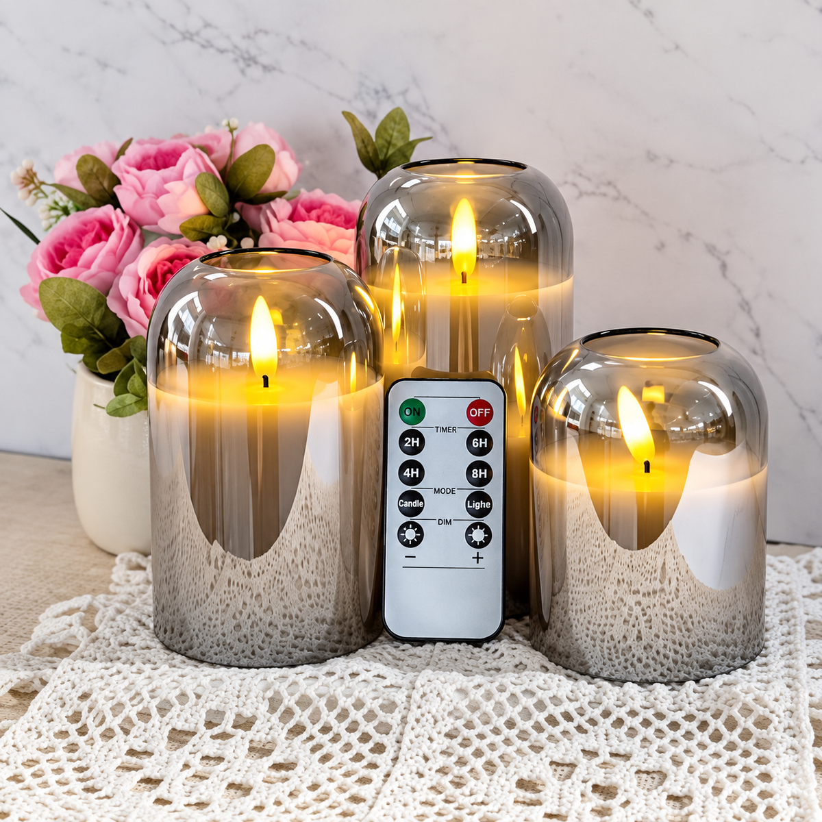 Luxury Flameless LED Candles with Smoky Glass Covers & Remote Control – 3 Pcs Set