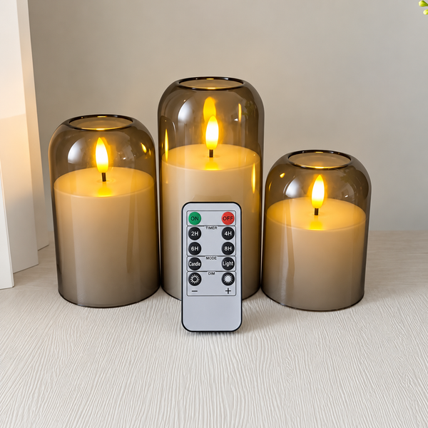 Luxury Flameless LED Candles with Smoky Glass Covers & Remote Control – 3 Pcs Set