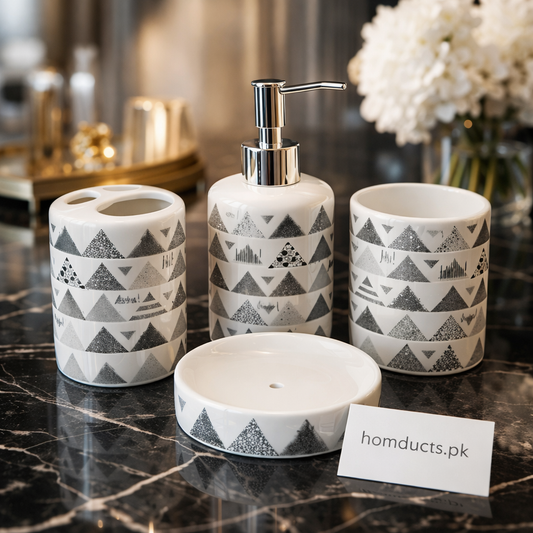 Luxury Geometric Ceramic Bathroom Accessories Set – 4-Piece Modern Bathroom Set | Homducts.pk