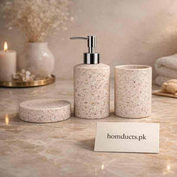 Luxury Terrazzo Bathroom Accessories Set (3-Piece) – Soap Dispenser, Tumbler & Storage Jar | Homducts.pk