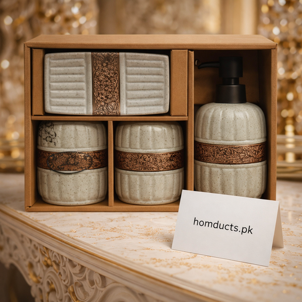 Luxury Ceramic Bathroom Accessories Set – 4 Pieces | Premium Soap Dispenser & Storage Jars