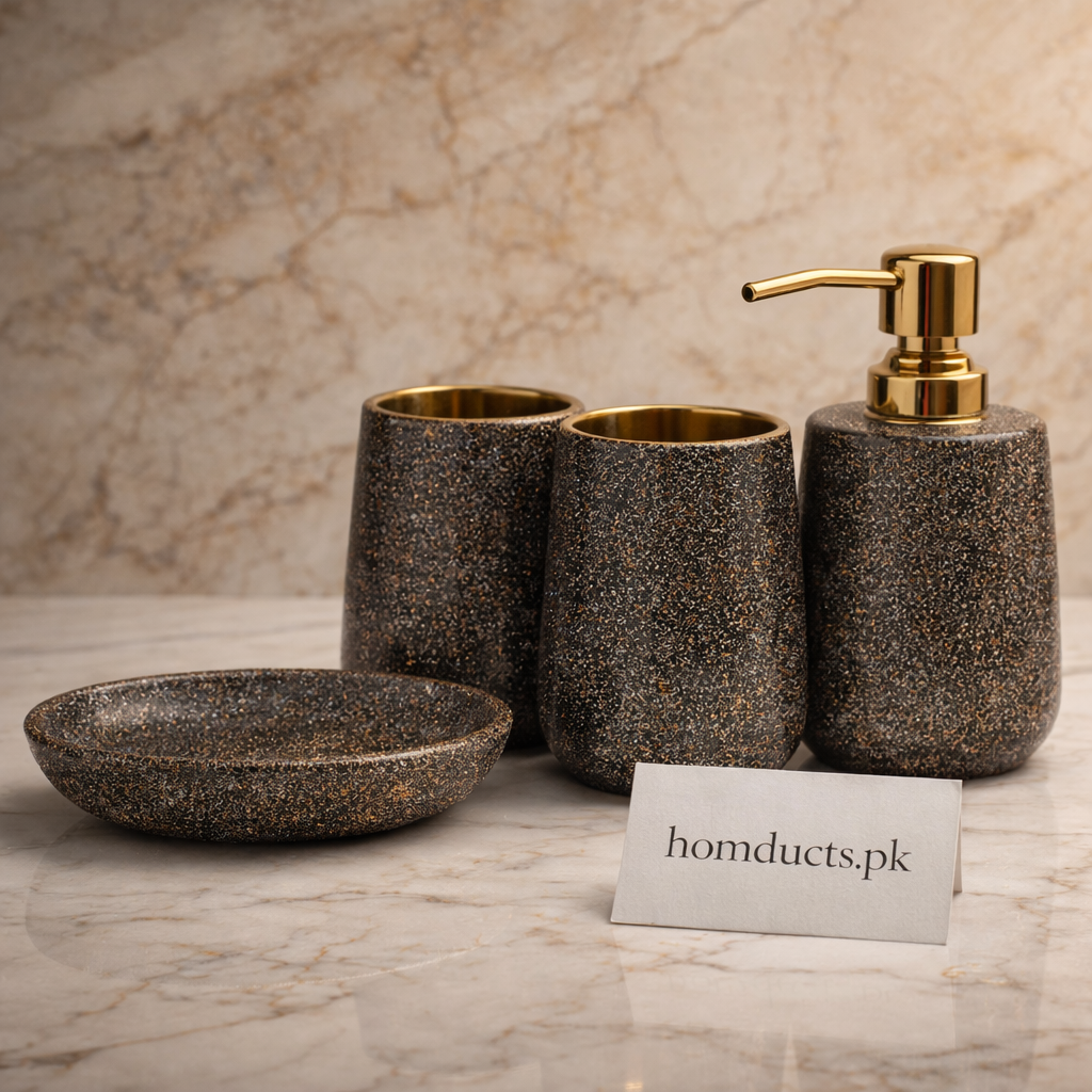 Luxury Stone Bathroom Accessories Set with Gold Soap Dispenser – 4-Piece Premium Bathroom Set | Homducts.pk