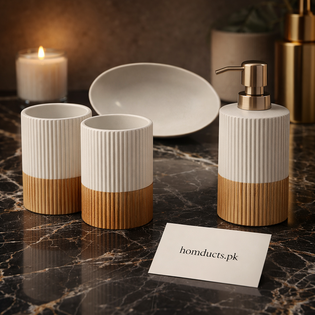 Luxury Ceramic Bathroom Accessory Set with Wooden Base – 4 Piece Modern Bathroom Set | Homducts.pk