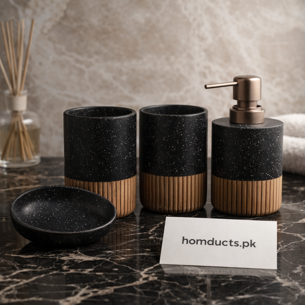 Luxury Black Stone Bathroom Accessories Set – Soap Dispenser, Tumblers & Soap Dish | Homducts.pk