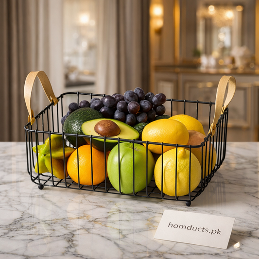 Luxury Black Metal Fruit Basket with Wooden Handles – Premium Kitchen Organizer | Homducts.pk
