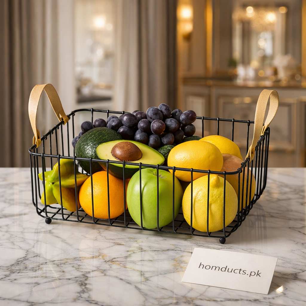Luxury Black Metal Fruit Basket with Wooden Handles – Premium Kitchen Organizer | Homducts.pk