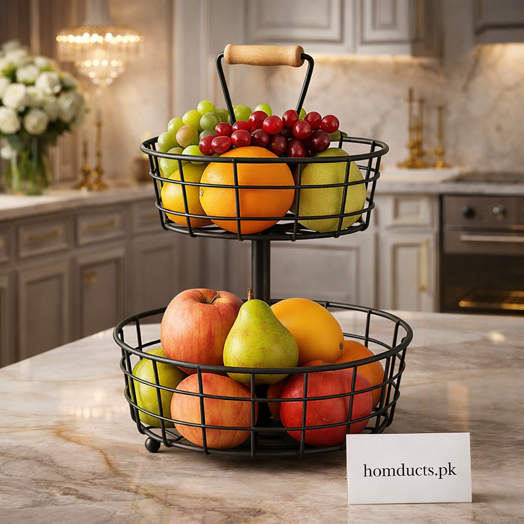 Luxury 2-Tier Metal Fruit Basket with Wooden Handle – Premium Kitchen Organizer
