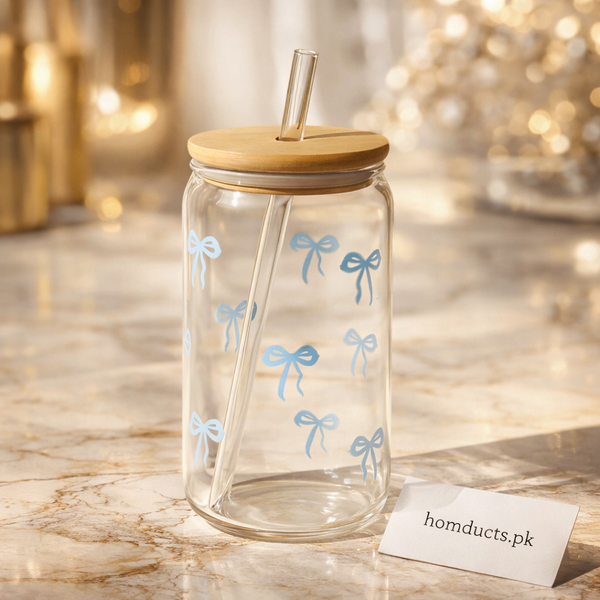 Luxury Glass Tumbler with Bamboo Lid & Reusable Glass Straw – Aesthetic Bow Design | Homducts.pk