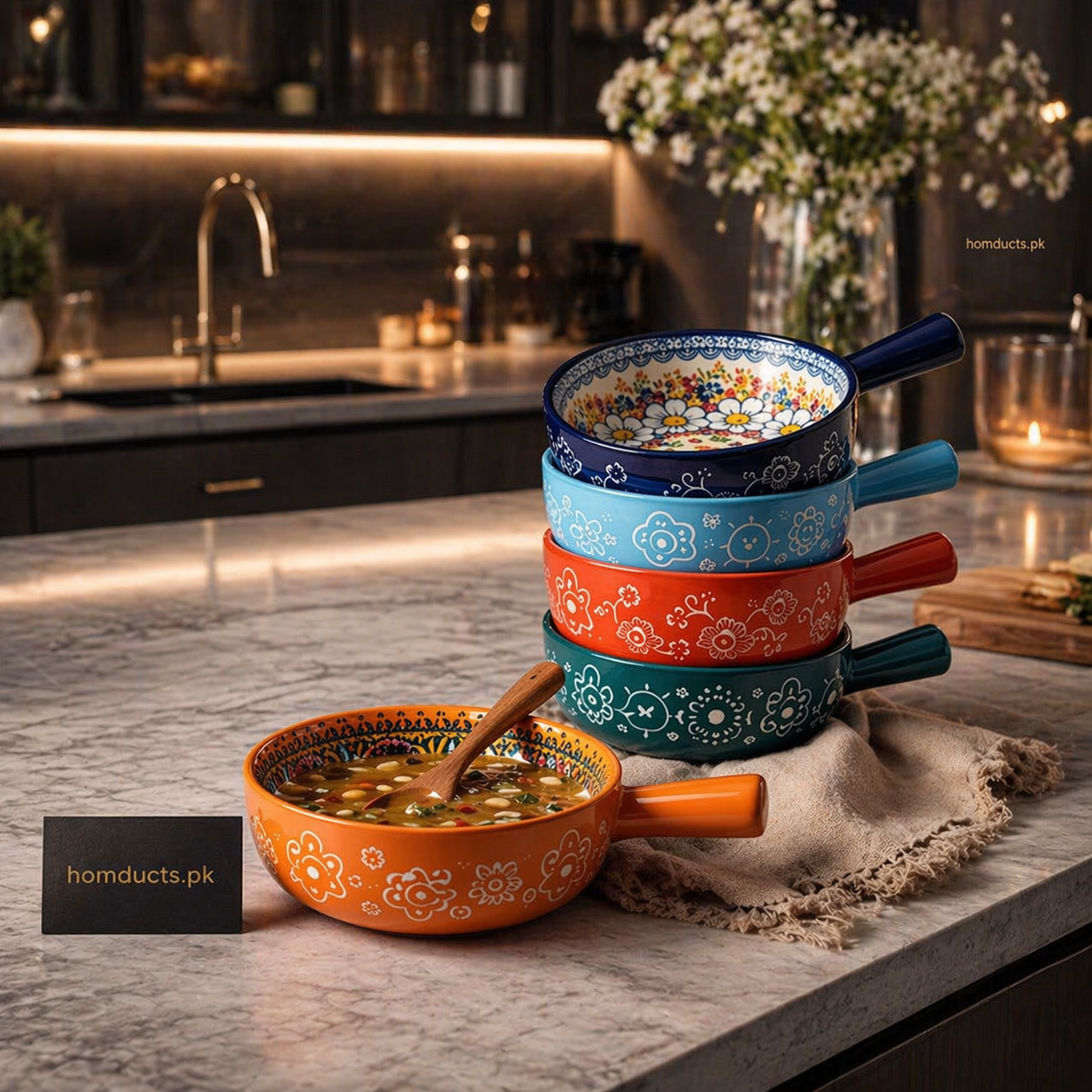 Premium Ceramic Handled Serving Bowl – Decorative Single Soup & Pasta Bowl (1 Pc)
