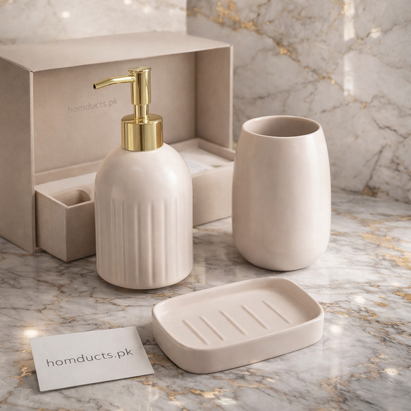 DANY Luxury Ceramic Bathroom Accessories Set – 3-Piece Soap Dispenser, & Soap Dish (Premium Finish)