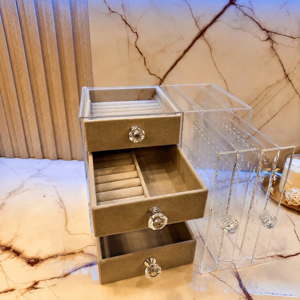 Acrylic Jewelry Organizer Box with Drawers and Earring Holder – Clear Storage Case for Rings, Watches & Accessories