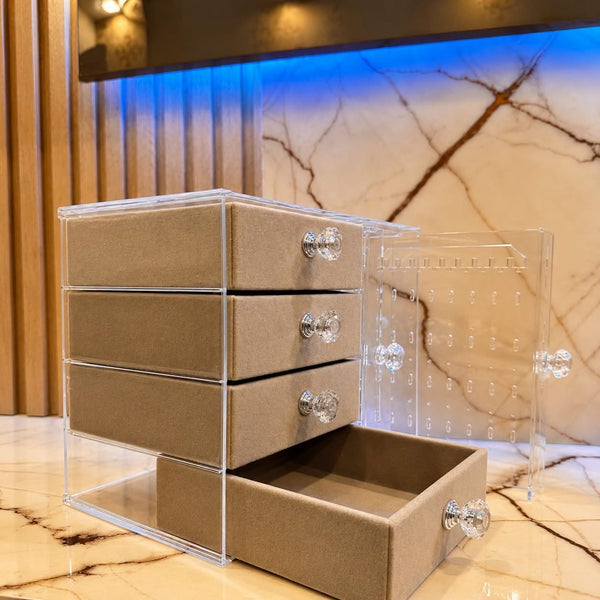 Acrylic Jewelry Organizer Box with Drawers and Earring Holder – Clear Storage Case for Rings, Watches & Accessories