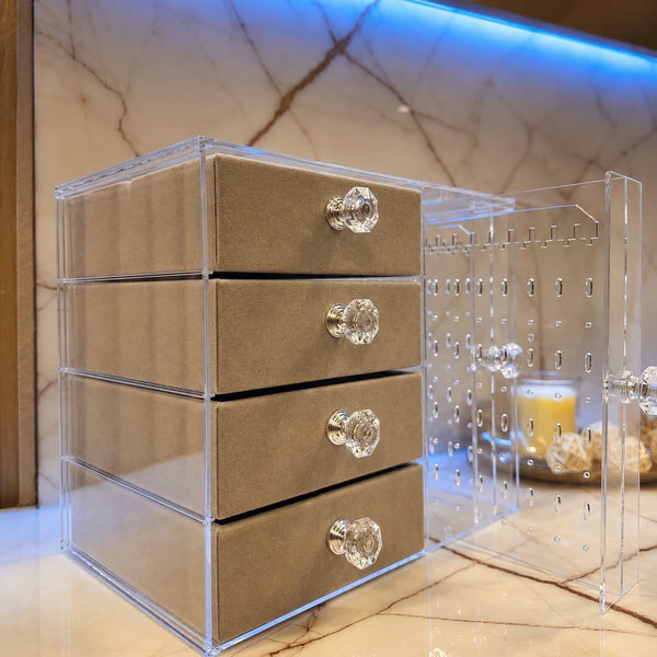 Acrylic Jewelry Organizer Box with Drawers and Earring Holder – Clear Storage Case for Rings, Watches & Accessories