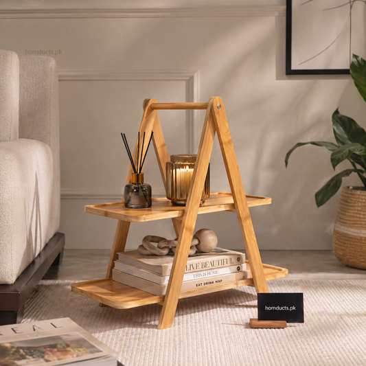 Premium Foldable 2-Tier Wooden Serving Stand – Kitchen Counter Organizer & Display Rack