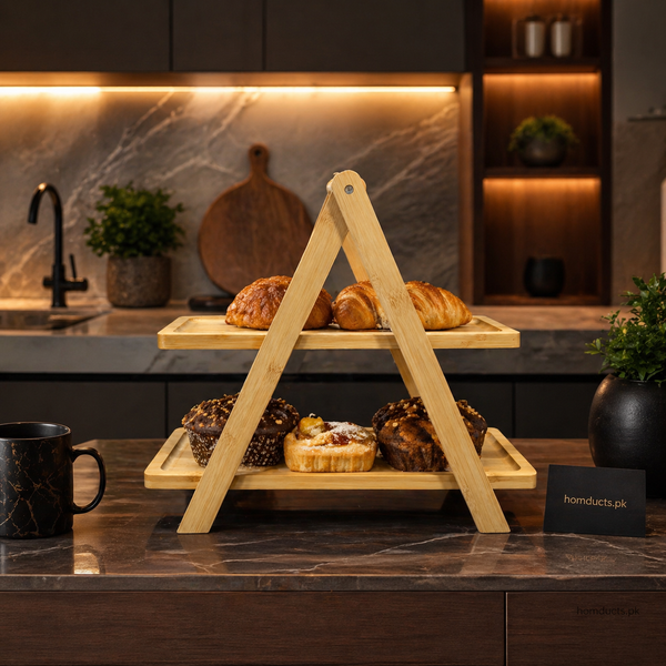 Premium Foldable 2-Tier Wooden Serving Stand – Kitchen Counter Organizer & Display Rack