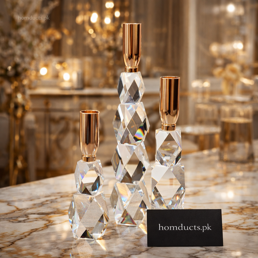 Luxury Crystal Candle Holder Set with Gold Finish – Elegant Decorative Candlesticks (Set of 3)