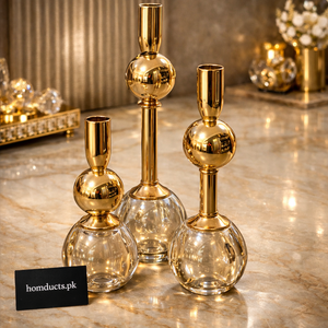 Luxury Gold & Crystal Glass Candle Holder Set (3-Piece Elegant Home Décor)