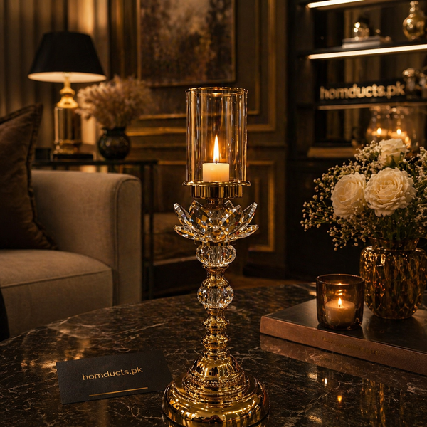 Luxury Crystal Lotus Candle Stand with Glass Hurricane Holder – Elegant Home Décor Accent