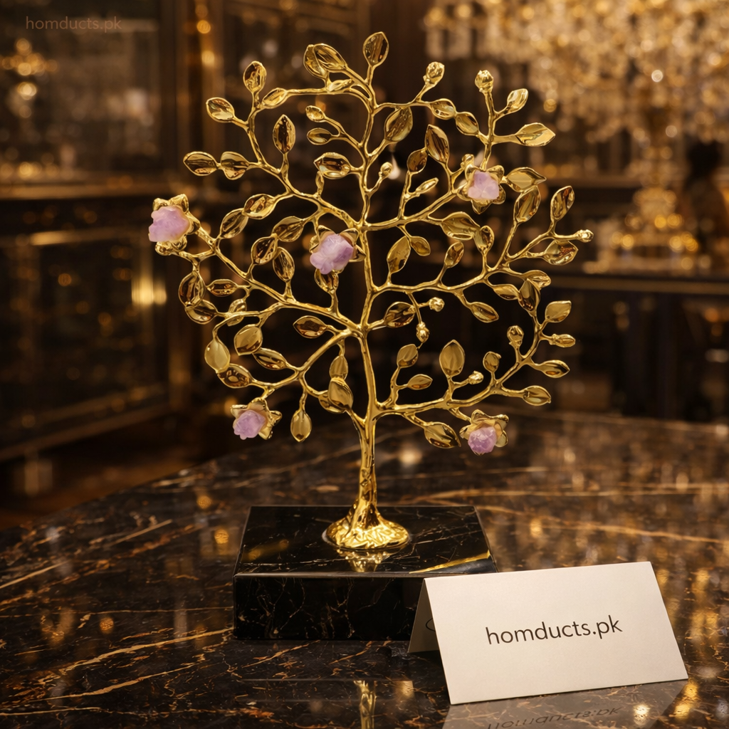 Luxury Golden Crystal Tree Decor with Natural Rose Quartz – Premium Tabletop Showpiece