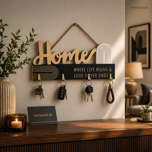 Luxury Wall-Mounted Home Key Holder Organizer with Decorative Quote & Hooks
