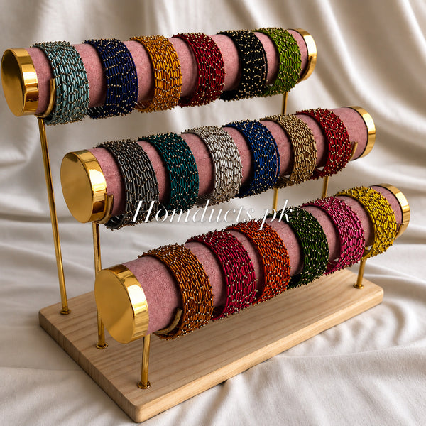 3-Tier Velvet Bracelet & Bangle Display Stand – Elegant Jewelry Organizer with Gold Accents & Wooden Base