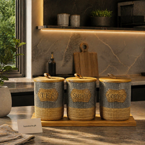 Premium 3-Piece Kitchen Storage Jar Set with Wooden Lids & Tray – Tea, Sugar & Coffee Organizer