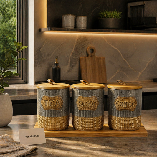 Premium 3-Piece Kitchen Storage Jar Set with Wooden Lids & Tray – Tea, Sugar & Coffee Organizer