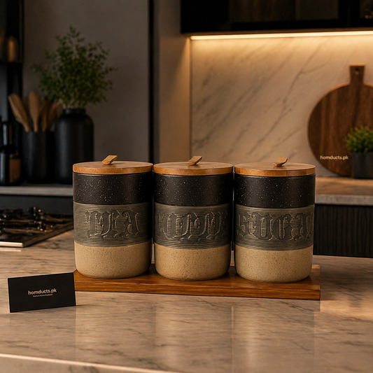 Luxury 3-Piece Ceramic Kitchen Storage Jar Set with Wooden Lid & Tray