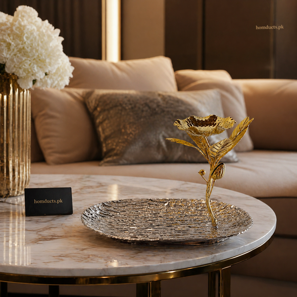 Luxury Floral Metal Serving Tray with Decorative Gold Accent Stand
