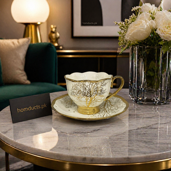Luxury Gold Branch Tea Cup & Saucer Set – 12 Pieces Premium Tea Set (6 Cups & 6 Saucers)