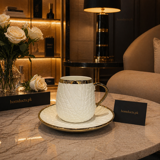 Luxury Embossed Coffee Cup & Saucer Set – 6 Pieces Elegant Tea Cups Set