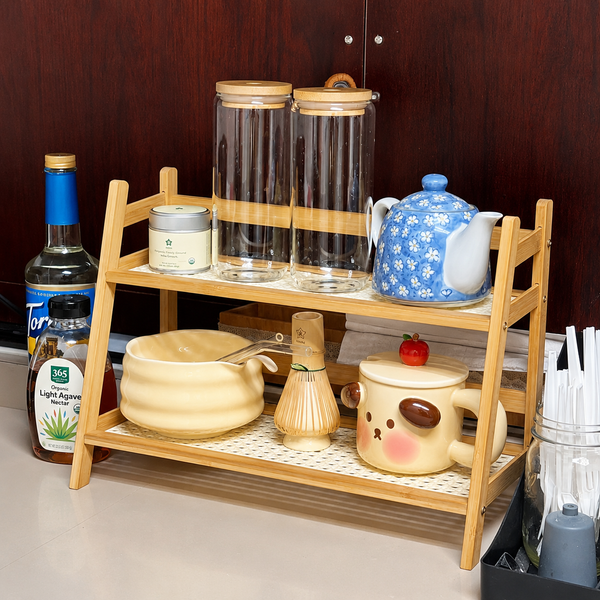 Multi-Purpose Bamboo 2-Tier Organizer Shelf | Countertop Storage Rack for Kitchen, Bathroom, Vanity & Home Décor