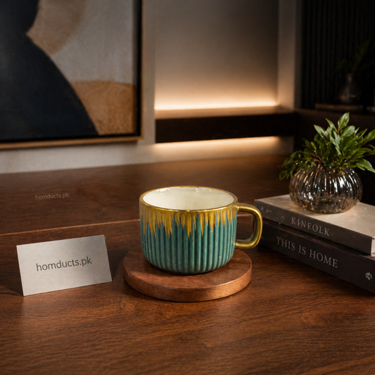 Luxury Ribbed Ceramic Tea Cup Set with Wooden Coasters – 12 Piece Premium Drinkware Set