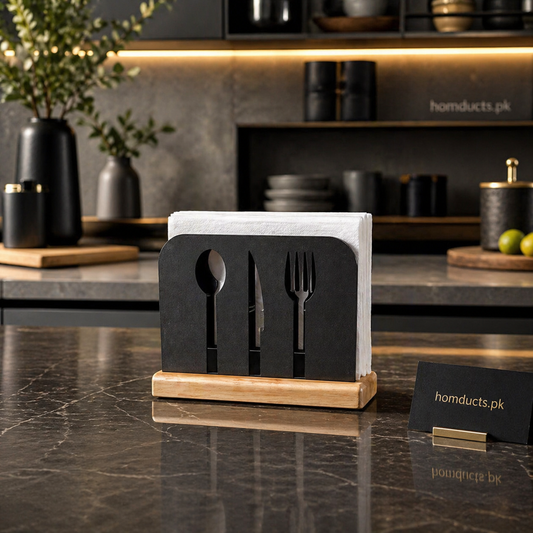 Elegant Cutlery Design Napkin Holder with Wooden Base – Modern Kitchen & Dining Tissue Stand