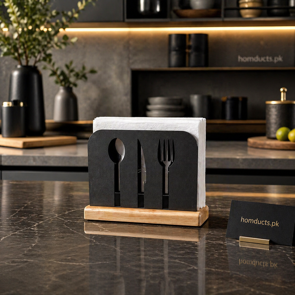 Elegant Cutlery Design Napkin Holder with Wooden Base – Modern Kitchen & Dining Tissue Stand