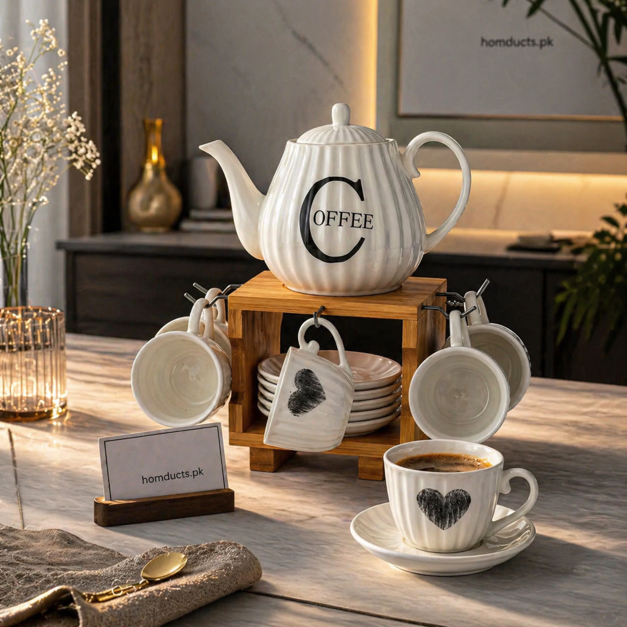 13 Pcs Luxury Tea Set with Wooden Stand – Premium Coffee & Tea Serving Set (6 Cups + 6 Saucers + Teapot)