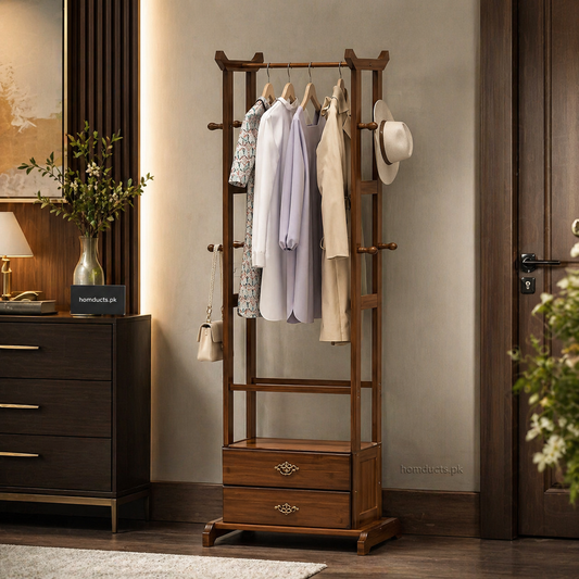Premium Wooden Clothes Hanging Rack with Drawer Storage – Multi-Functional Garment Organizer Stand