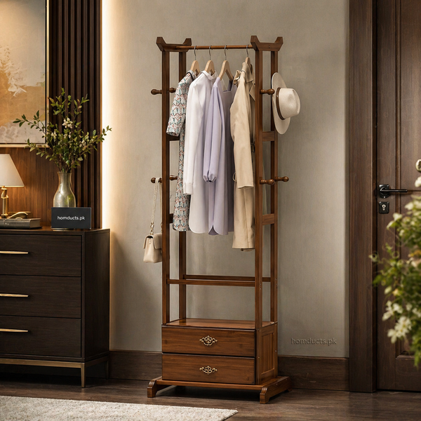 Premium Wooden Clothes Hanging Rack with Drawer Storage – Multi-Functional Garment Organizer Stand