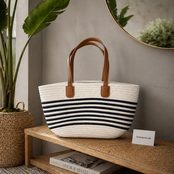 Luxury Striped Woven Tote Bag with Premium Leather Handles – Elegant Everyday Carry Bag